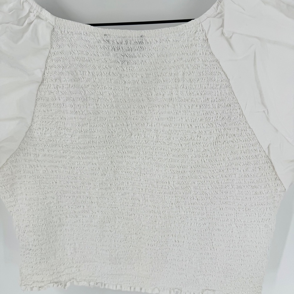 J. Crew White Cropped Puff Sleeve Top Size 14 Smocked Regenerative Cottin Poplin - Picture 6 of 8